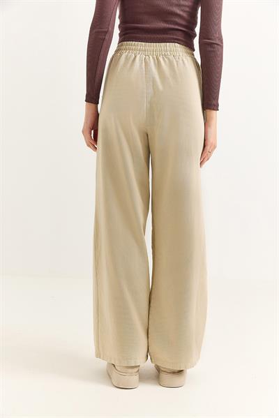 Kadın Pantalon Geniş Paça Bağcıklı  Pantalon Bej