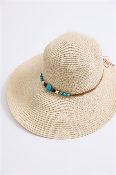 Boncuk Detaylı Hasır Kadın Plaj Şapkası Bej