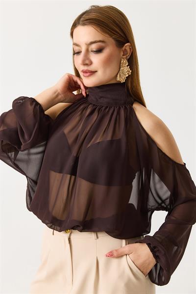 Halter Yaka Full Transparan Omuz Dekolteli  Bluz Acı Kahverengi