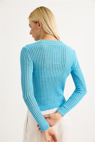 Bisiklet Yaka Triko Örme Bluz Mavi