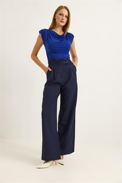 Yüksek Bel  Kemerli Bol Paça Pantolon Lacivert