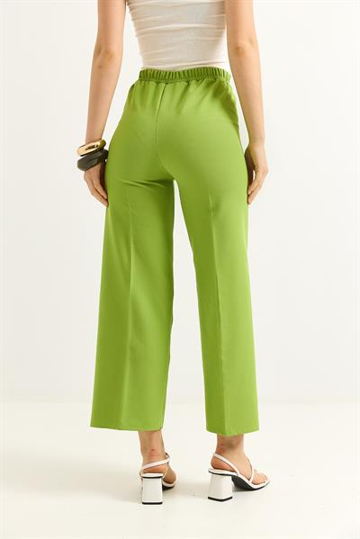 Bel Kuşaklı Bol Paça Krep Pantolon Fıstık Yeşili