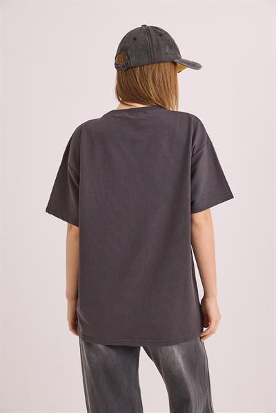 Bisiklet Yaka  Kısa Kol Basic Tshirt Füme