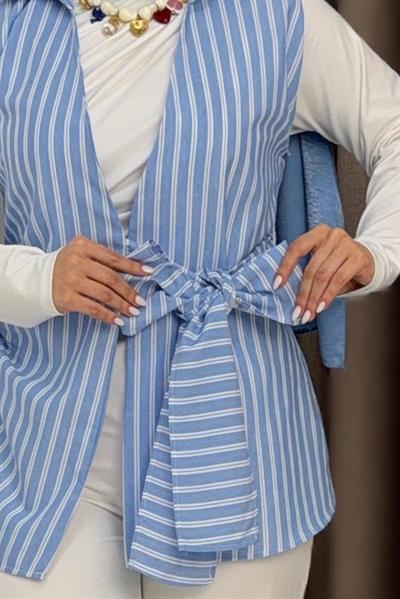 Kadın Gömlek Yaka Belden Bağlamalı Kolsuz Bluz Mavi