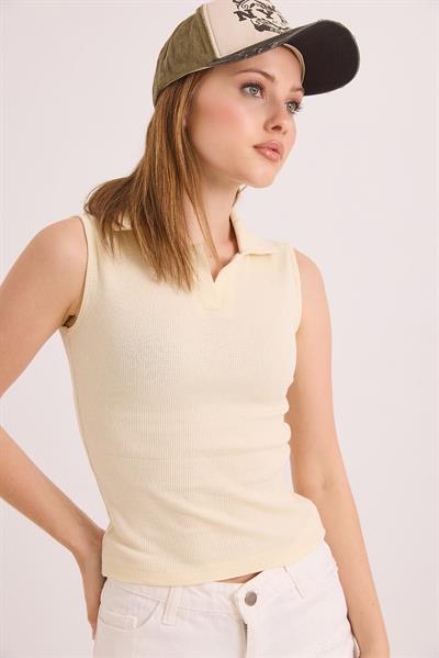 Sıfır Kol Polo Yaka Basıc Örme Kaşkorse Bluz Bej