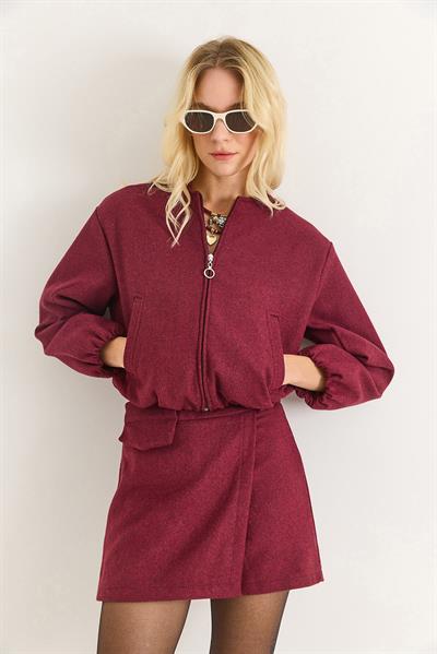 Kadın Bomber Cepli Fermuarlı Ceket Bordo
