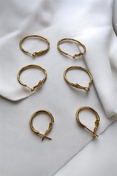 6 lı Üç Boy Çelik Halka Gold Küpe