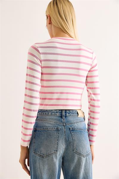 Kadın Çizgi Desenli Crop Bluz Pembe