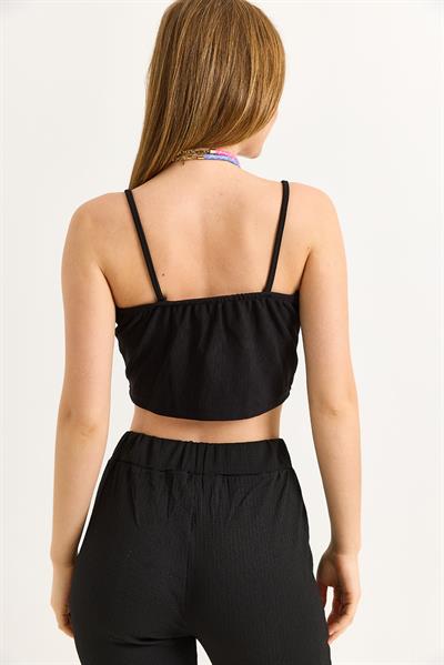 İp Askılı Örme Crop Bluz Siyah