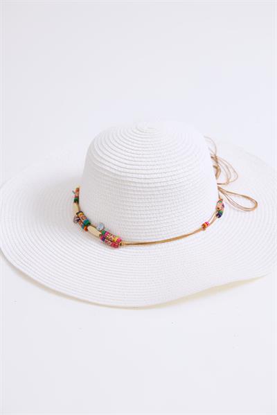 Boncuk Detaylı Hasır Kadın Plaj Havuz Çantası Beyaz