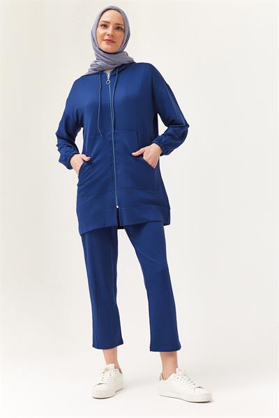 Kadın Kapüşonlu Fermuarlı İkili Takım Saks