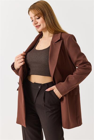 Kadın Kruvaze Yaka Çift Düğmeli Blazer Ceket Kahverengi