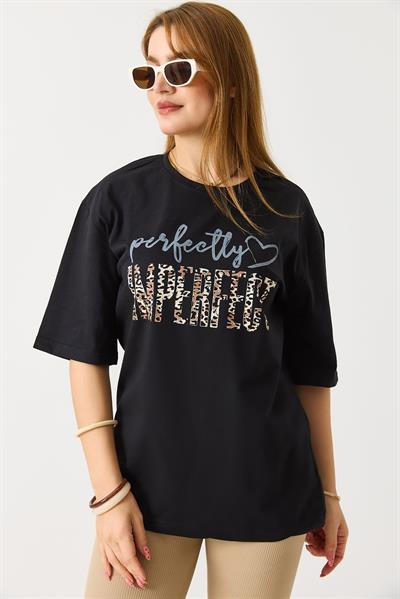 Kadın Bol Kesim Bisiklet Yaka Kısa Kol Tshirt Siyah