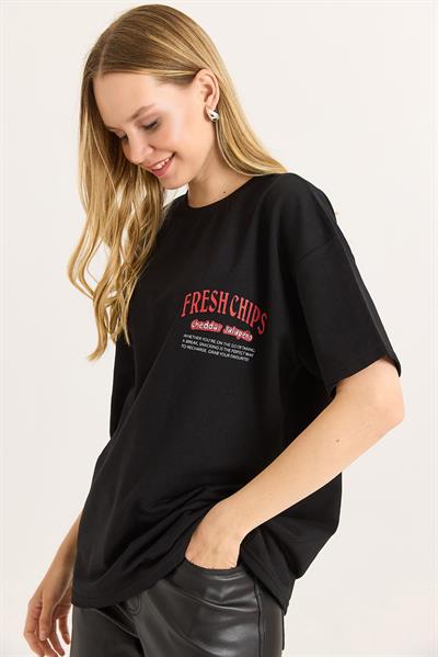 Rahat Kesim Baskılı Kadın Tshirt Siyah