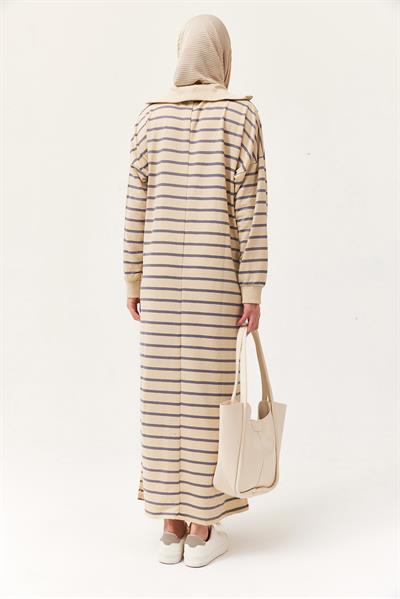 Yarım Fermuar Çizgili Uzun Elbise Gri