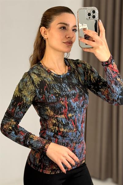 Kadın Desenli Kaşkorse Uzun Kollu Bluz Karışık Renk
