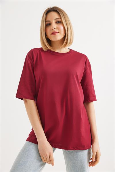 Oversize Bisiklet Yaka Basic Tshirt Bordo