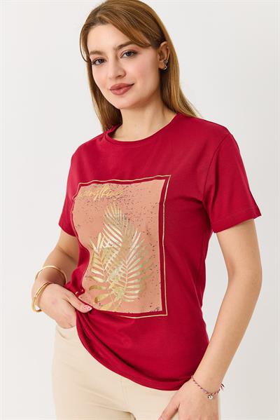 Kadın Palmiye Parlak Baskılı Tshirt Bordo