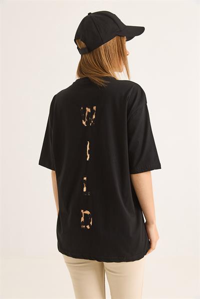 Ön Arka Nakışlı Oversize Pamuk T-Shirt Siyah