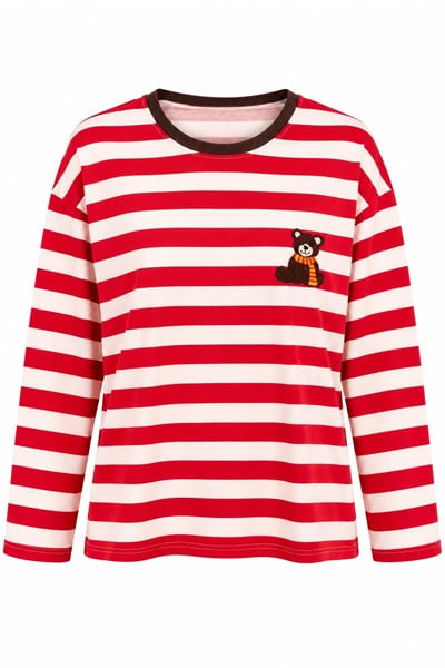 Kadın Ayıcık Baskılı Bisiklet Yaka Oversize Sweatshirt Kırmızı