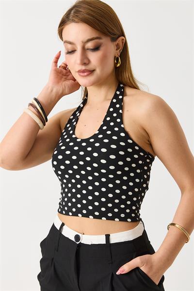 Kadın Boyundan Askılı Puantiyeli Crop Bluz Siyah