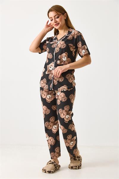 Kadın Ayıcık Baskılı Pijama Takımı Siyah