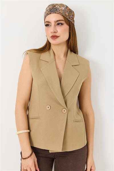 Kadın  Oversize Kruvaze Sıfır Kol Yelek Vizon