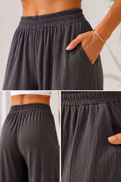 Kadın Beli Lastikli Cepli Bürümcük Kumaş Pantolon Gri 