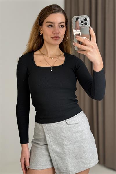 Kadın Fitilli Kare Yaka Uzun Kollu Bluz  Siyah