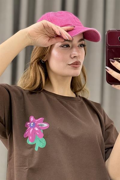 Baskılı Bisiklet Yaka Basic Tshirt Kahverengi