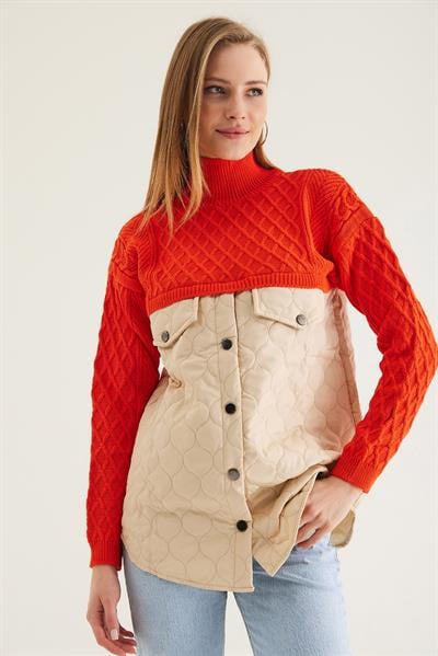 Kapitoneli Baklava Örgülü Triko  Turuncu