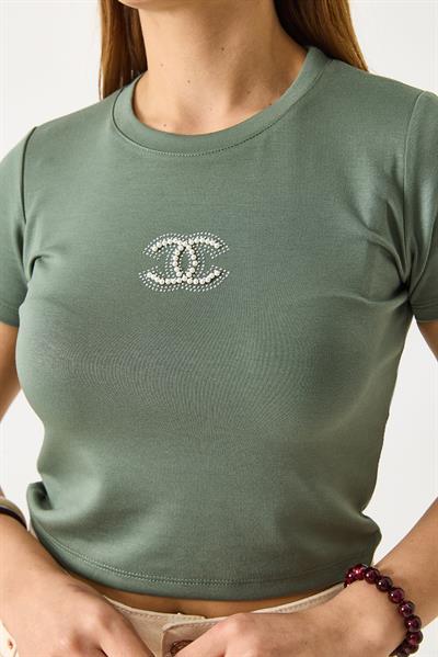 Kadın İncili Bisiklet Yaka Crop Bluz Yeşil