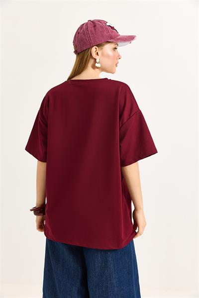 Bisiklet Yaka Kısa Kollu Tshirt Bordo