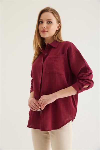 Uzun Kollu Oversize Gömlek Bordo