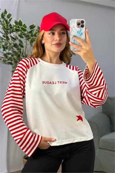 Kadın Kolları Çizgili Yıldız Baskılı Bisiklet Yaka Tshirt Kırmızı