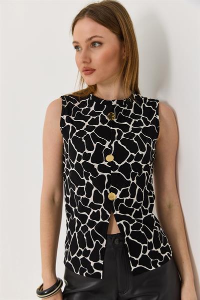 Bisiklet Yaka Gold Düğmeli Ottoman Fitilli Bluz  Siyah