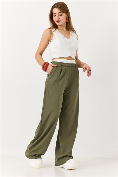 Kadın Beli Lastik Garnili Bol Kesim Pantolon Haki