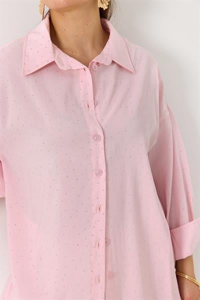 Kadın Taş Detaylı Oversize Şık Gömlek Pembe