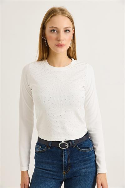 Kadın Ottoman Bisiklet Yaka Taşlı Bluz Beyaz