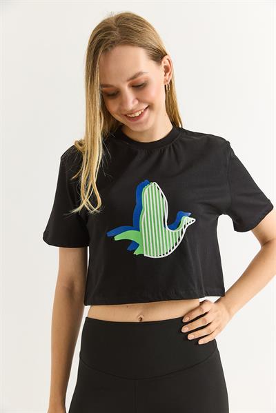 Karikatür Kuş Baskılı Pamuk Örme Crop Tshirt Siyah