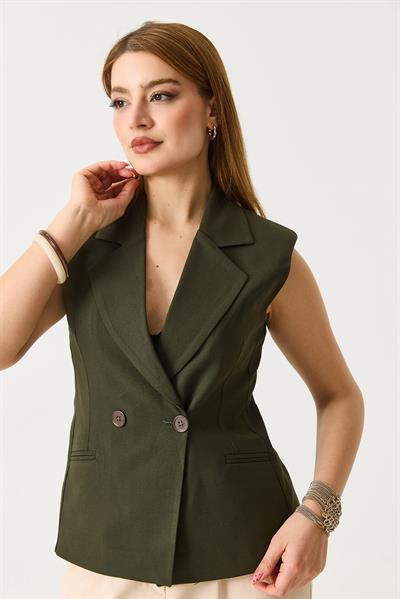 Kadın  Oversize Kruvaze Sıfır Kol Yelek Haki