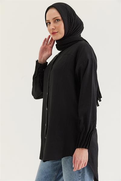 Keten Kumaş Kol Nervül Detaylı Gömlek Tunik Siyah