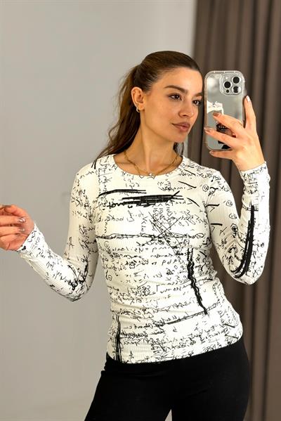 Kadın Desenli Kaşkorse Uzun Kollu Bluz Beyaz