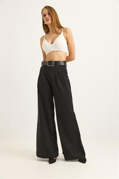 Keten Karışımlı Palazzo Pantolon Siyah