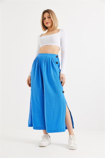 Yanları  Düğmeli  Bol Kesim Keten Pantolon  Mavi