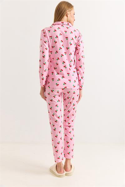Kadın Pembe Kiraz Baskılı Polo Yaka Pamuklu Pijama Takımı