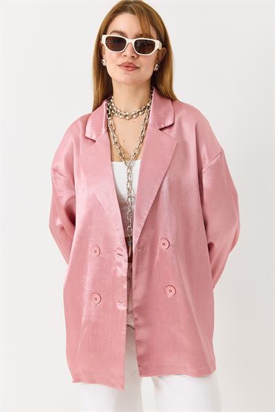 Kadın  Kruvaze Yaka Saten Oversize Blazer Ceket Pembe
