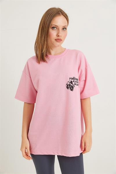 Baskılı Oversize İki İplik Tshirt Pembe