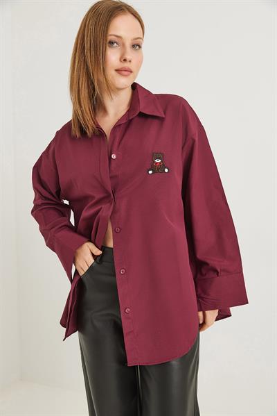 Ayıcık Nakışlı Oversize Basic Gömlek Bordo