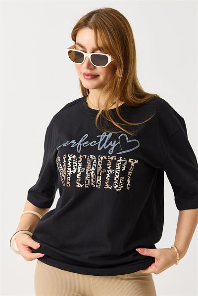 Kadın Bol Kesim Bisiklet Yaka Kısa Kol Tshirt Siyah